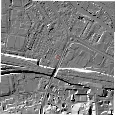 Shaded relief map of the ground around RG18AD, computed from Environment Agency LiDAR. The ground here sits at about 38 m above sea level and falls 10 m across the surrounding 800 m. Surface water reaching this point runs off ground lying to the south-south-east, 8.6 m higher.