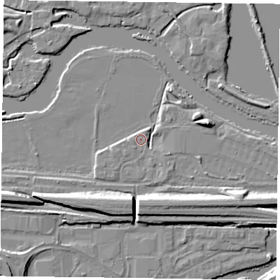Shaded relief map of the ground around RG18AF, computed from Environment Agency LiDAR. The ground here sits at about 37 m above sea level and falls 9 m across the surrounding 800 m. Surface water reaching this point runs off ground lying to the east-south-east, 2.7 m higher.