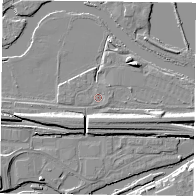 Shaded relief map of the ground around RG18AG, computed from Environment Agency LiDAR. The ground here sits at about 38 m above sea level and falls 9 m across the surrounding 800 m. Surface water reaching this point runs off ground lying to the east-south-east, 1.1 m higher.
