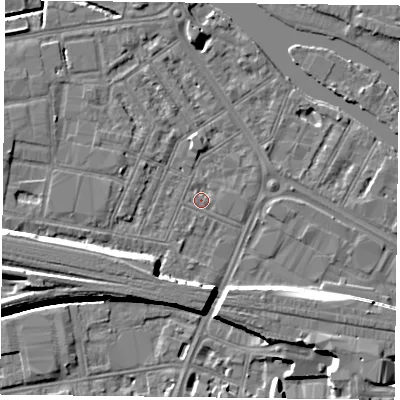 Shaded relief map of the ground around RG18AH, computed from Environment Agency LiDAR. The ground here sits at about 38 m above sea level and falls 10 m across the surrounding 800 m. Surface water reaching this point runs off ground lying to the east-north-east, 0.9 m higher.