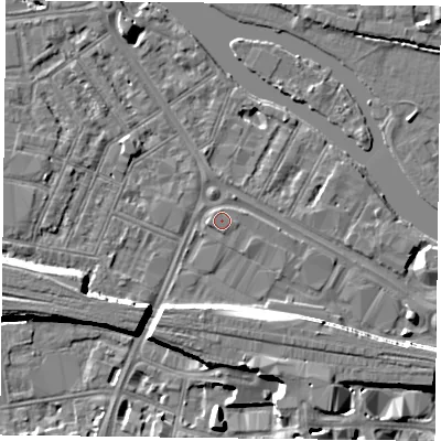 Shaded relief map of the ground around RG18AJ, computed from Environment Agency LiDAR. The ground here sits at about 39 m above sea level and falls 8 m across the surrounding 800 m. Surface water reaching this point runs off ground lying to the north-north-west, 1.1 m higher.