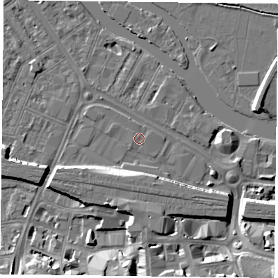 Shaded relief map of the ground around RG18AL, computed from Environment Agency LiDAR. The ground here sits at about 38 m above sea level and falls 10 m across the surrounding 800 m. Surface water reaching this point runs off ground lying to the north-west, 0.5 m higher.