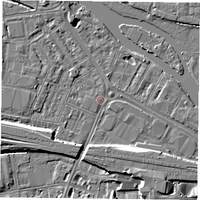 Shaded relief map of the ground around RG18AN, computed from Environment Agency LiDAR. The ground here sits at about 38 m above sea level and falls 9 m across the surrounding 800 m. Surface water reaching this point runs off ground lying to the south-south-east, 7.2 m higher.