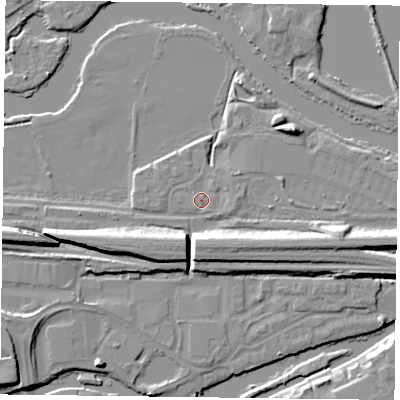 Shaded relief map of the ground around RG18AQ, computed from Environment Agency LiDAR. The ground here sits at about 38 m above sea level and falls 9 m across the surrounding 800 m. Surface water reaching this point runs off ground lying to the east, 1.2 m higher.