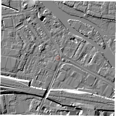 Shaded relief map of the ground around RG18AR, computed from Environment Agency LiDAR. The ground here sits at about 38 m above sea level and falls 9 m across the surrounding 800 m. Surface water reaching this point runs off ground lying to the south-west, 0.5 m higher.