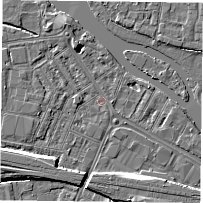 Shaded relief map of the ground around RG18AS, computed from Environment Agency LiDAR. The ground here sits at about 38 m above sea level and falls 9 m across the surrounding 800 m. Surface water reaching this point runs off ground lying to the south-west, 6.5 m higher.