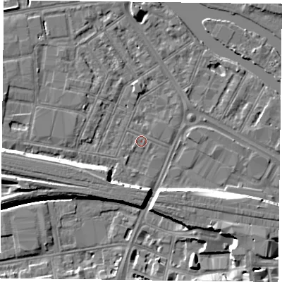 Shaded relief map of the ground around RG18AT, computed from Environment Agency LiDAR. The ground here sits at about 38 m above sea level and falls 10 m across the surrounding 800 m. Surface water reaching this point runs off ground lying to the south-east, 7.4 m higher.