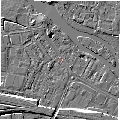 Shaded relief map of the ground around RG18AU, computed from Environment Agency LiDAR. The ground here sits at about 38 m above sea level and falls 10 m across the surrounding 800 m. Surface water reaching this point runs off ground lying to the south-west, 6.5 m higher.