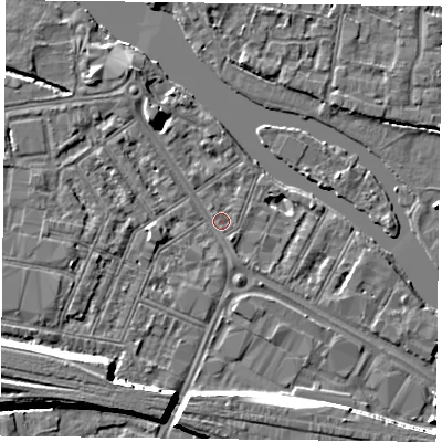 Shaded relief map of the ground around RG18AX, computed from Environment Agency LiDAR. The ground here sits at about 38 m above sea level and falls 8 m across the surrounding 800 m. Surface water reaching this point runs off ground lying to the south-west, 6.5 m higher.