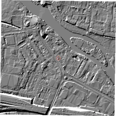 Shaded relief map of the ground around RG18AY, computed from Environment Agency LiDAR. The ground here sits at about 38 m above sea level and falls 9 m across the surrounding 800 m. Surface water reaching this point runs off ground lying to the south-west, 6.5 m higher.