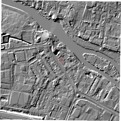 Shaded relief map of the ground around RG18AZ, computed from Environment Agency LiDAR. The ground here sits at about 38 m above sea level and falls 7 m across the surrounding 800 m. Surface water reaching this point runs off ground lying to the north-west, 3.3 m higher.