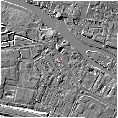Shaded relief map of the ground around RG18BB, computed from Environment Agency LiDAR. The ground here sits at about 39 m above sea level and falls 10 m across the surrounding 800 m. Surface water reaching this point runs off ground lying to the north-west, 1.3 m higher.