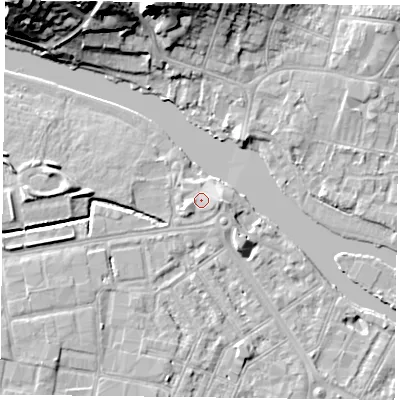 Shaded relief map of the ground around RG18BD, computed from Environment Agency LiDAR. The ground here sits at about 39 m above sea level and falls 23 m across the surrounding 800 m. Surface water reaching this point runs off ground lying to the east, 1.7 m higher.