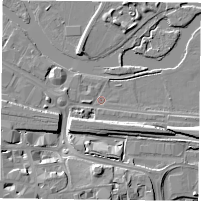 Shaded relief map of the ground around RG18BN, computed from Environment Agency LiDAR. The ground here sits at about 37 m above sea level and falls 12 m across the surrounding 800 m. Surface water reaching this point runs off ground lying to the south, 10.6 m higher.