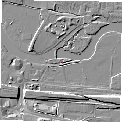 Shaded relief map of the ground around RG18BP, computed from Environment Agency LiDAR. The ground here sits at about 38 m above sea level and falls 12 m across the surrounding 800 m. Surface water reaching this point runs off ground lying to the north-west, 3.1 m higher.