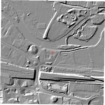 Shaded relief map of the ground around RG18BQ, computed from Environment Agency LiDAR. The ground here sits at about 38 m above sea level and falls 12 m across the surrounding 800 m. Surface water reaching this point runs off ground lying to the south-south-west, 1.2 m higher.