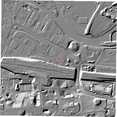 Shaded relief map of the ground around RG18BT, computed from Environment Agency LiDAR. The ground here sits at about 38 m above sea level and falls 12 m across the surrounding 800 m. Surface water reaching this point runs off ground lying to the west-south-west, 6.7 m higher.