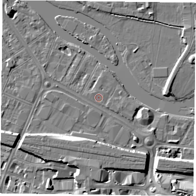 Shaded relief map of the ground around RG18BU, computed from Environment Agency LiDAR. The ground here sits at about 38 m above sea level and falls 9 m across the surrounding 800 m. Surface water reaching this point runs off ground lying to the north, 0.6 m higher.
