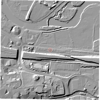 Shaded relief map of the ground around RG18BW, computed from Environment Agency LiDAR. The ground here sits at about 38 m above sea level and falls 12 m across the surrounding 800 m. Surface water reaching this point runs off ground lying to the south-south-east, 6.5 m higher.