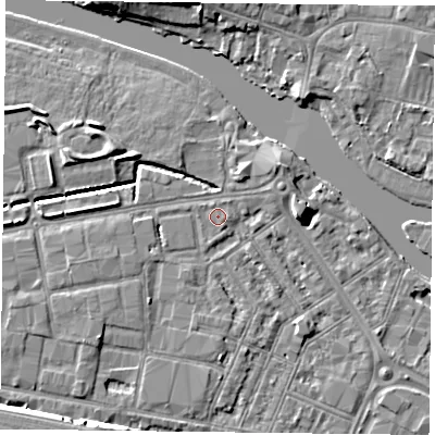 Shaded relief map of the ground around RG18BY, computed from Environment Agency LiDAR. The ground here sits at about 39 m above sea level and falls 7 m across the surrounding 800 m. Surface water reaching this point runs off ground lying to the south-south-east, 0.7 m higher.