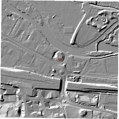Shaded relief map of the ground around RG18DB, computed from Environment Agency LiDAR. The ground here sits at about 39 m above sea level and falls 12 m across the surrounding 800 m. Surface water reaching this point runs off ground lying to the north-west, 3.7 m higher.