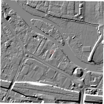 Shaded relief map of the ground around RG18DD, computed from Environment Agency LiDAR. The ground here sits at about 38 m above sea level and falls 9 m across the surrounding 800 m. Surface water reaching this point runs off ground lying to the south-south-east, 1.4 m higher.