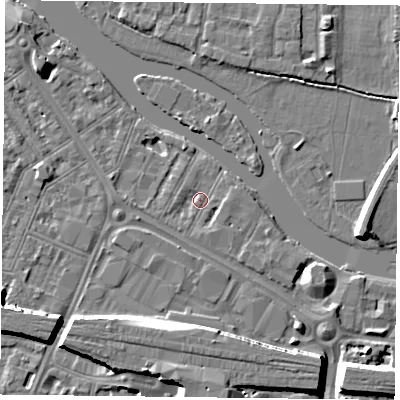 Shaded relief map of the ground around RG18DE, computed from Environment Agency LiDAR. The ground here sits at about 38 m above sea level and falls 9 m across the surrounding 800 m. Surface water reaching this point runs off ground lying to the south-east, 1.5 m higher.