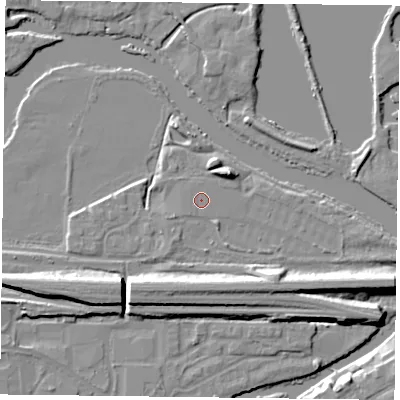 Shaded relief map of the ground around RG18DF, computed from Environment Agency LiDAR. The ground here sits at about 38 m above sea level and falls 9 m across the surrounding 800 m. The ground contributing surface water to this point lies to the north.