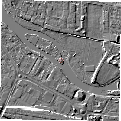 Shaded relief map of the ground around RG18DG, computed from Environment Agency LiDAR. The ground here sits at about 38 m above sea level and falls 9 m across the surrounding 800 m. Surface water reaching this point runs off ground lying to the south-east, 5.9 m higher.