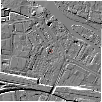 Shaded relief map of the ground around RG18DH, computed from Environment Agency LiDAR. The ground here sits at about 38 m above sea level and falls 10 m across the surrounding 800 m. Surface water reaching this point runs off ground lying to the south-west, 6.5 m higher.
