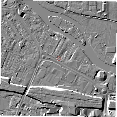 Shaded relief map of the ground around RG18DJ, computed from Environment Agency LiDAR. The ground here sits at about 38 m above sea level and falls 9 m across the surrounding 800 m. Surface water reaching this point runs off ground lying to the south-east, 0.9 m higher.