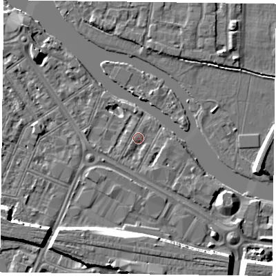 Shaded relief map of the ground around RG18DL, computed from Environment Agency LiDAR. The ground here sits at about 38 m above sea level and falls 9 m across the surrounding 800 m. Surface water reaching this point runs off ground lying to the south-east, 1.5 m higher.