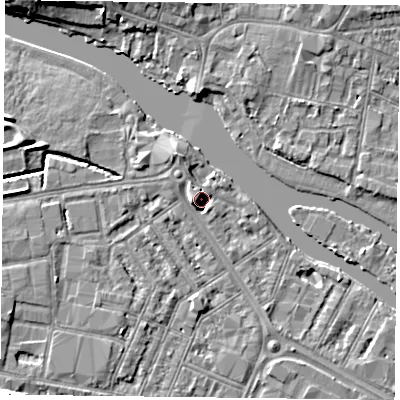 Shaded relief map of the ground around RG18DN, computed from Environment Agency LiDAR. The ground here sits at about 39 m above sea level and falls 7 m across the surrounding 800 m. Surface water reaching this point runs off ground lying to the west, 2.5 m higher.