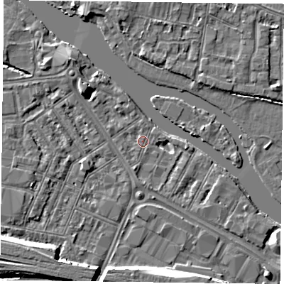 Shaded relief map of the ground around RG18DP, computed from Environment Agency LiDAR. The ground here sits at about 38 m above sea level and falls 8 m across the surrounding 800 m. Surface water reaching this point runs off ground lying to the west-south-west, 1.0 m higher.