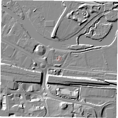 Shaded relief map of the ground around RG18DQ, computed from Environment Agency LiDAR. The ground here sits at about 38 m above sea level and falls 12 m across the surrounding 800 m. Surface water reaching this point runs off ground lying to the south-south-west, 1.2 m higher.