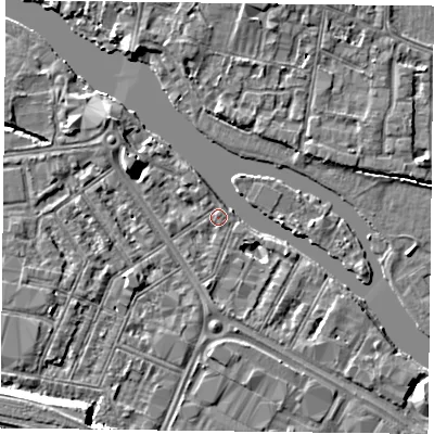 Shaded relief map of the ground around RG18DR, computed from Environment Agency LiDAR. The ground here sits at about 38 m above sea level and falls 8 m across the surrounding 800 m. Surface water reaching this point runs off ground lying to the south-west, 6.9 m higher.