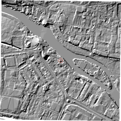 Shaded relief map of the ground around RG18DS, computed from Environment Agency LiDAR. The ground here sits at about 38 m above sea level and falls 7 m across the surrounding 800 m. Surface water reaching this point runs off ground lying to the west-north-west, 4.3 m higher.