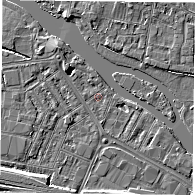 Shaded relief map of the ground around RG18DT, computed from Environment Agency LiDAR. The ground here sits at about 38 m above sea level and falls 8 m across the surrounding 800 m. Surface water reaching this point runs off ground lying to the south-west, 6.5 m higher.