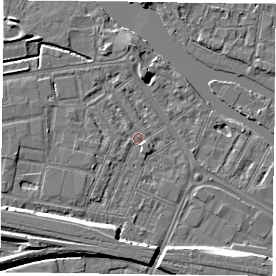 Shaded relief map of the ground around RG18DU, computed from Environment Agency LiDAR. The ground here sits at about 38 m above sea level and falls 10 m across the surrounding 800 m. Surface water reaching this point runs off ground lying to the west-north-west, 2.2 m higher.