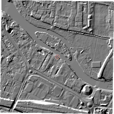 Shaded relief map of the ground around RG18DW, computed from Environment Agency LiDAR. The ground here sits at about 38 m above sea level and falls 8 m across the surrounding 800 m. Surface water reaching this point runs off ground lying to the east-south-east, 5.9 m higher.
