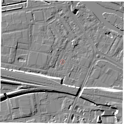 Shaded relief map of the ground around RG18DX, computed from Environment Agency LiDAR. The ground here sits at about 38 m above sea level and falls 11 m across the surrounding 800 m. Surface water reaching this point runs off ground lying to the south-west, 6.5 m higher.
