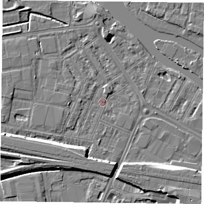 Shaded relief map of the ground around RG18DY, computed from Environment Agency LiDAR. The ground here sits at about 38 m above sea level and falls 10 m across the surrounding 800 m. Surface water reaching this point runs off ground lying to the south-west, 6.5 m higher.