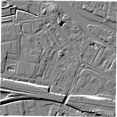 Shaded relief map of the ground around RG18DZ, computed from Environment Agency LiDAR. The ground here sits at about 38 m above sea level and falls 10 m across the surrounding 800 m. Surface water reaching this point runs off ground lying to the south-west, 6.5 m higher.