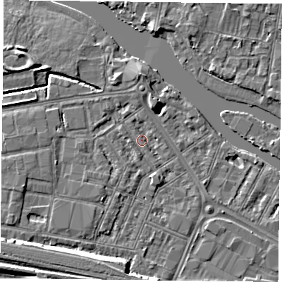 Shaded relief map of the ground around RG18EA, computed from Environment Agency LiDAR. The ground here sits at about 39 m above sea level and falls 10 m across the surrounding 800 m. Surface water reaching this point runs off ground lying to the west, 2.1 m higher.