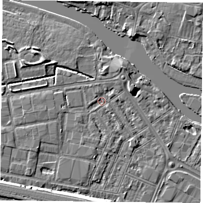 Shaded relief map of the ground around RG18EB, computed from Environment Agency LiDAR. The ground here sits at about 38 m above sea level and falls 7 m across the surrounding 800 m. Surface water reaching this point runs off ground lying to the west, 2.1 m higher.