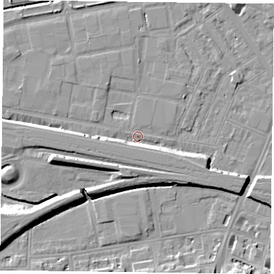 Shaded relief map of the ground around RG18EF, computed from Environment Agency LiDAR. The ground here sits at about 39 m above sea level and falls 11 m across the surrounding 800 m. Surface water reaching this point runs off ground lying to the north-north-west, 2.7 m higher.