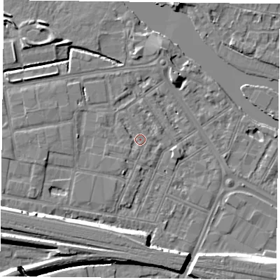 Shaded relief map of the ground around RG18EG, computed from Environment Agency LiDAR. The ground here sits at about 39 m above sea level and falls 11 m across the surrounding 800 m. Surface water reaching this point runs off ground lying to the west-south-west, 1.3 m higher.