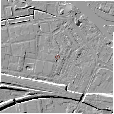 Shaded relief map of the ground around RG18EH, computed from Environment Agency LiDAR. The ground here sits at about 39 m above sea level and falls 11 m across the surrounding 800 m. Surface water reaching this point runs off ground lying to the south-south-west, 1.3 m higher.