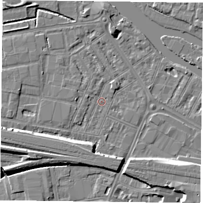 Shaded relief map of the ground around RG18EJ, computed from Environment Agency LiDAR. The ground here sits at about 38 m above sea level and falls 10 m across the surrounding 800 m. Surface water reaching this point runs off ground lying to the south-south-west, 6.5 m higher.