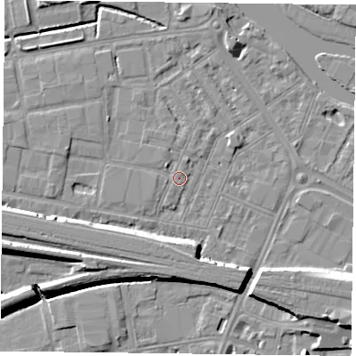 Shaded relief map of the ground around RG18EN, computed from Environment Agency LiDAR. The ground here sits at about 39 m above sea level and falls 11 m across the surrounding 800 m. Surface water reaching this point runs off ground lying to the north-west, 1.3 m higher.
